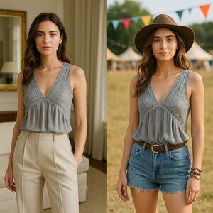 POL Womens Tank Top Silver Grey M Artisanal Core Boho Chic Romantic Core